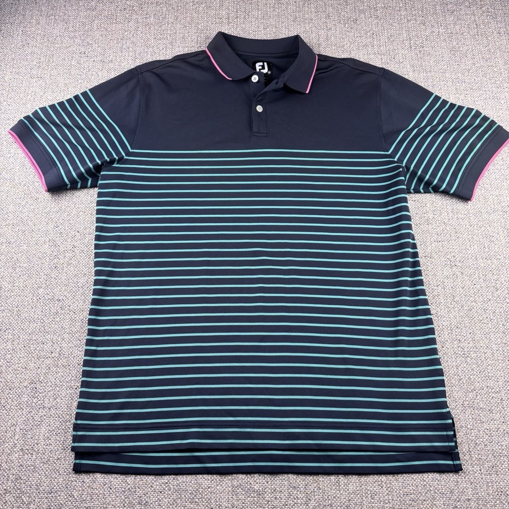 FootJoy Breton Stripe Stretch Pique Knit Collar Polo Navy Men's Medium